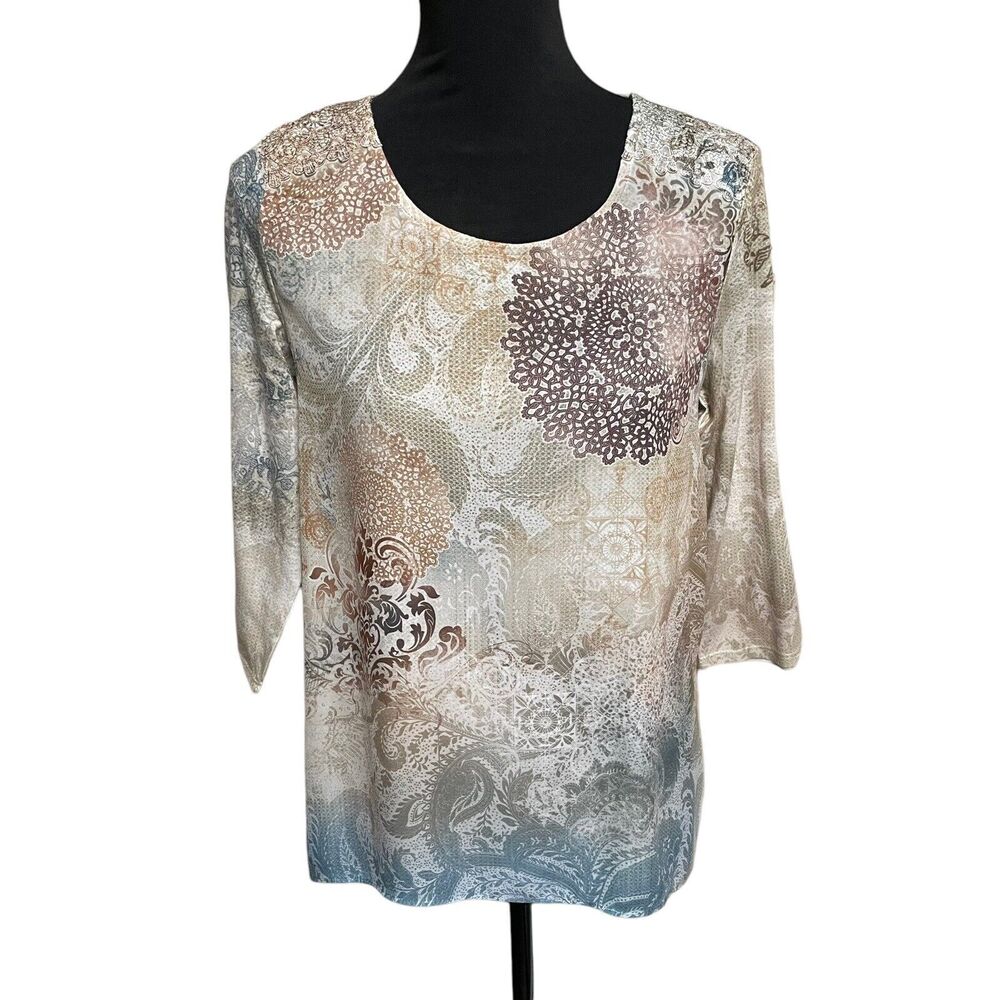 Chicos 0 Blouse Top Womans Small Floral Mixed Media Long Sleeve Round Neck